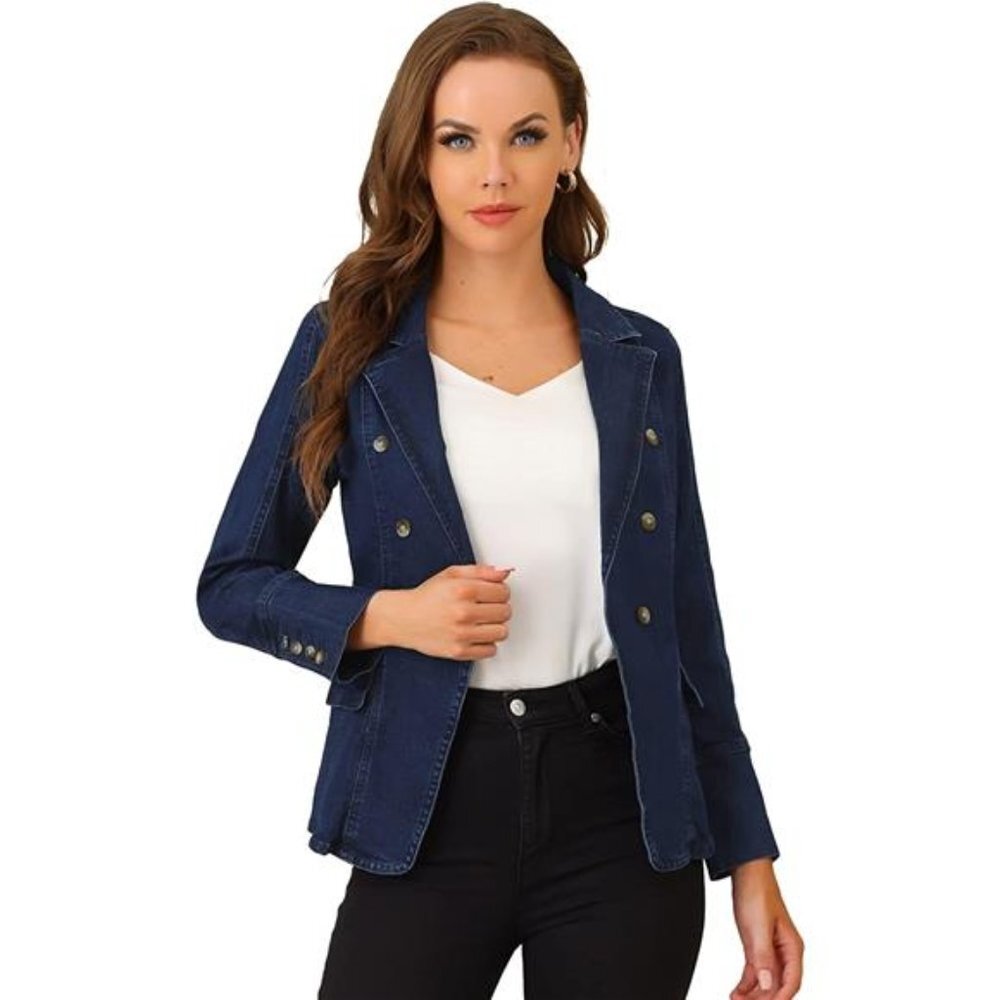 Women's Jean Jacket Lapel Long Sleeve Denim Blazer with Pockets